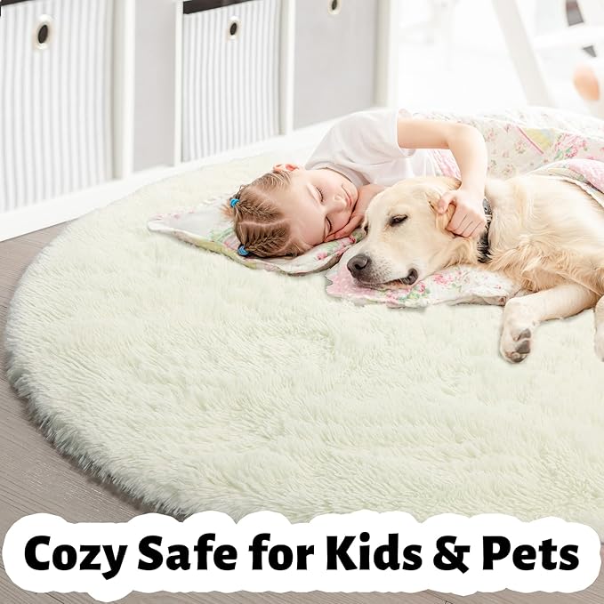 Amdrebio Ivory White Round Circle Rug 6Ft for Kids Bedroom Aesthetic, Big Shag Fluffy Fuzzy Boho Area Rugs for Living Room, Circular Plush Soft Shaggy Cream Carpet for Baby Nursery Teen Girls Boys