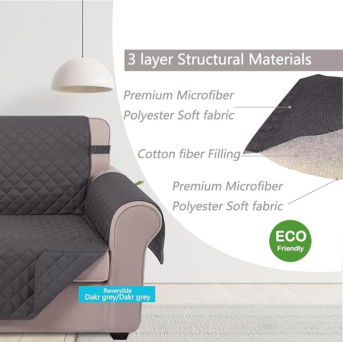 U-NICE HOME Recliner Chair Covers Reversible Chair Cover Pet Covers for Dogs with Elastic Straps Water Resistant Diamond Quilted (28''Recliner Oversized, Dark Grey/Dark Grey)
