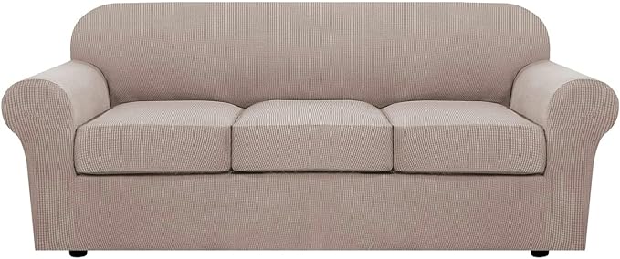H.VERSAILTEX 4 Piece Stretch Sofa Covers for 3 Cushion Couch Covers for Living Room Slipcovers (Base Cover Plus 3 Seat Cushion Covers) Upgraded Thicker Jacquard Fabric (Sofa, Sand)
