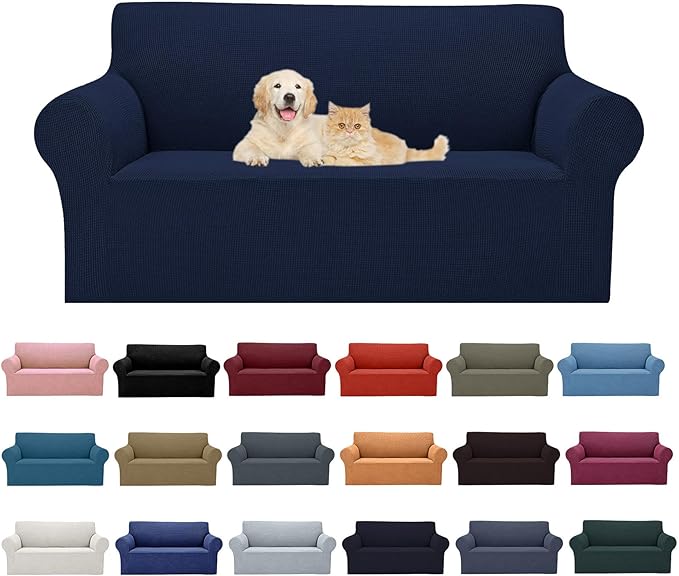 Cupuamon 2026 New Stretch Loveseat Sofa Slipcovers Couch Cover for 2 Cushion Furniture Protector Sofa Covers with Elastic Bottom Jacquard Fabric Small Checks for Pets, Kids - Navy