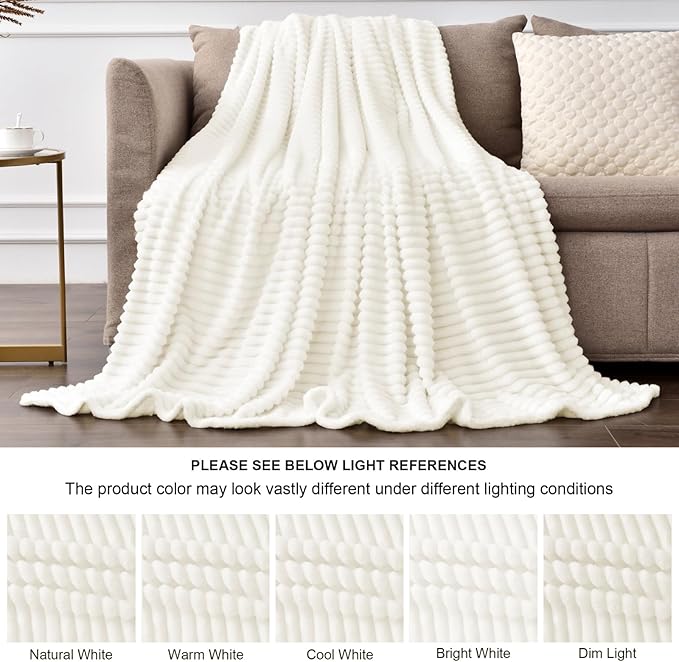 BEDELITE Fleece Blanket Queen Size – 3D Ribbed Jacquard Soft and Warm Decorative Fuzzy Blankets – Cozy, Fluffy, Plush Lightweight Throw Blankets for Couch, Bed, Sofa(Cream, 90x90 inches)