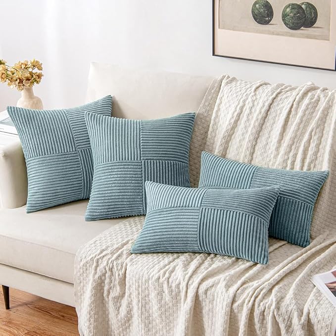 MIULEE Sky Blue Decorative Throw Pillow Covers 16x16 Inch for Couch Bed Sofa Pack of 2 Boho Farmhouse Throw Pillows Soft Cross Corduroy Patchwork Textured Cushion Cases