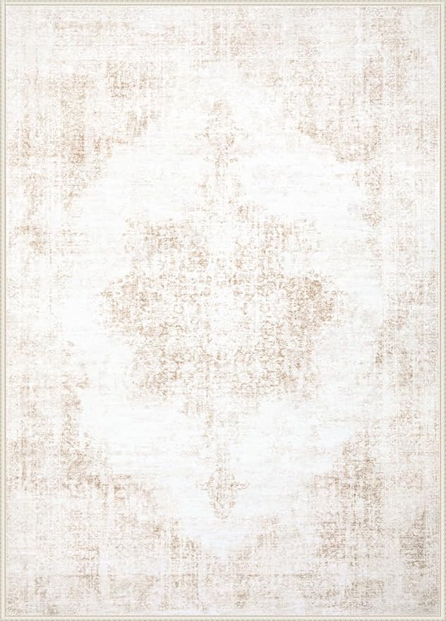 Area Rugs 8x10 Vintage Rug: Large Washable Living Room Rug Retro Medallion Distressed Rugs Soft Low Pile Non-Slip Indoor Floor Carpet for Bedroom Kitchen Nursery Dining Table Office (Beige, 8'x10')
