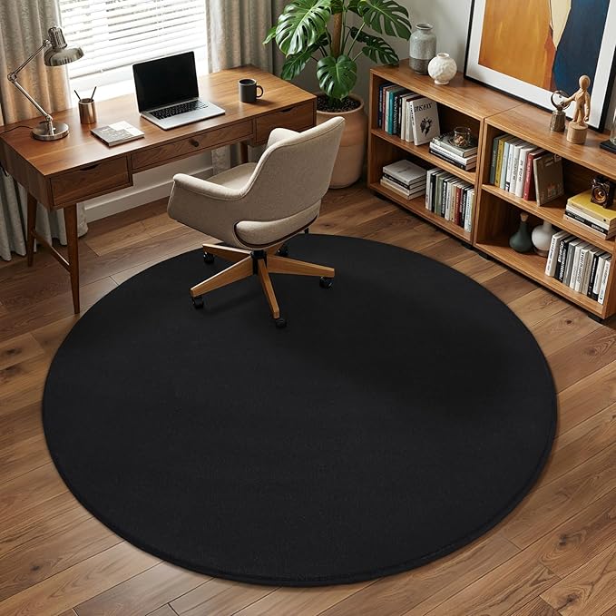 Amearea Black Round Area Rugs 4ft Washable Circle Rugs for Bedroom Living Room, Fluffy Indoor Thickened Memory Foam Rug, Non Slip Minimalist Circular Carpet for Kids Boys Girls Dorm Nursery Room Decor
