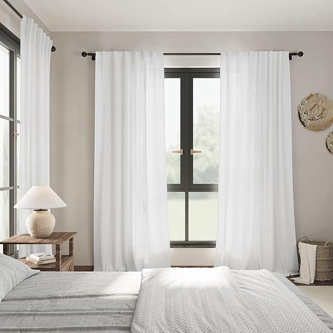 Nanspring Extra Long White Curtain 102 inches Long 2 Panels Set for Living Room Back Tab Modern Farmhouse Decor Cotton Textured Off White Sheer Linen Curtains 102 inch Length for Large Window