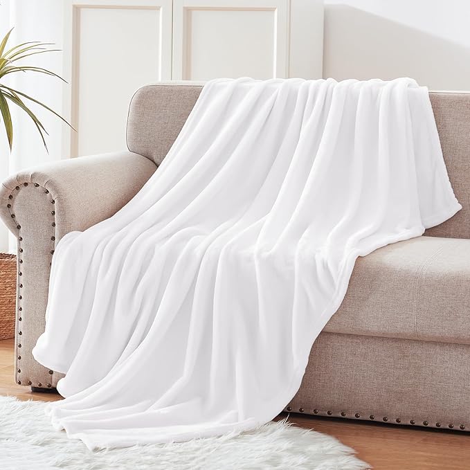 Exclusivo Mezcla Fleece Pure White Throw Blanket for Couch, Sofa, Super Soft and Warm Blankets, All Season, Cozy, Plush, Lightweight, 50x60 Inches