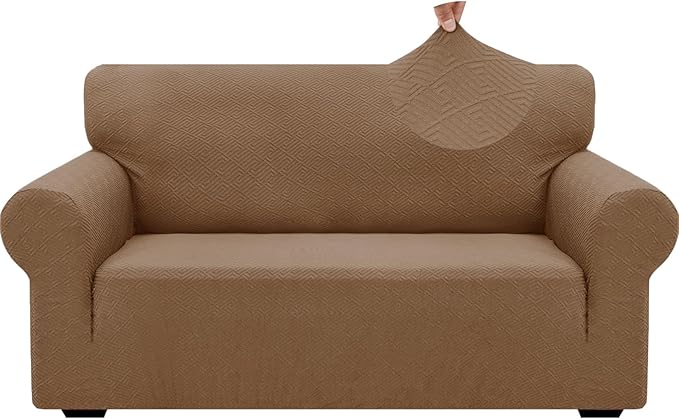 ZNSAYOTX 1 Piece Jacquard Couch Covers for 2 Cushion Couch High Stretch Loveseat Slipcover for Pets Dogs Anti Slip Love Seat Sofa Slipcover Furniture Protector (Medium,New Pattern Light Coffee)