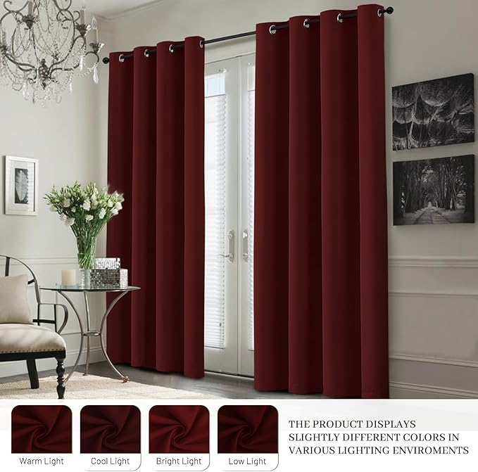 Yakamok 100% Blackout Curtain Panels 63 inches Cold and Light Blocking Drapes for Nursery, 2 Thick Layers Thermal Insulated Draperies (2 Pieces, 50 Wide Each Panel, Burgundy Red/White Backing)