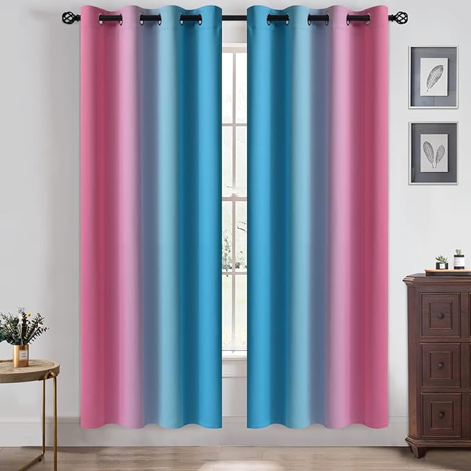 Yakamok Ombre Pink and Blue Curtains for Bedroom, Gradient Room Darkening Curtains, Grommet Thermal Insulated Light Blocking Window Drapes/Curtain for Living Room,52 x 72 Inch,2 Panels