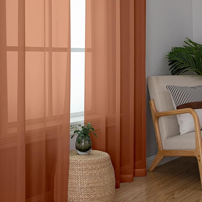 Simplebrand Orange Sheer Curtains 96 Inches Long, Light Filtering Rod Pocket Solid Color Window Sheer Curtain Panels, Elegant Curtains & Drapes for Living Room, Bedroom 2 Panels, 42" W x 96" L