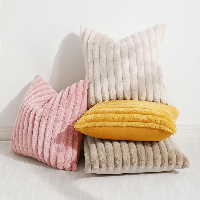 decorUhome Summer Cozy Faux Fur Throw Pillow Covers 20x20 Set of 2 Decorative Soft Plush Striped Modern Farmhouse Boho Couch Pillow Cases with Velvet Back for Sofa Bed Living Room, Beige