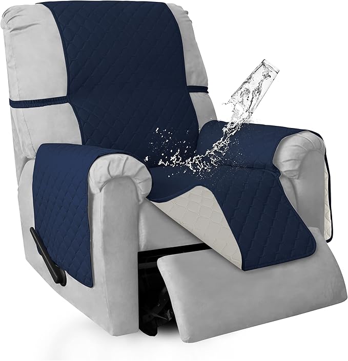 ISSUNTEX Double Protection 100% Waterproof Recliner Covers for Living Room, Reversible Furniture Protector Recliner Couch Sofa Slipcover for Dogs, Pets, Kids (Recliner, Navy/Ivory)