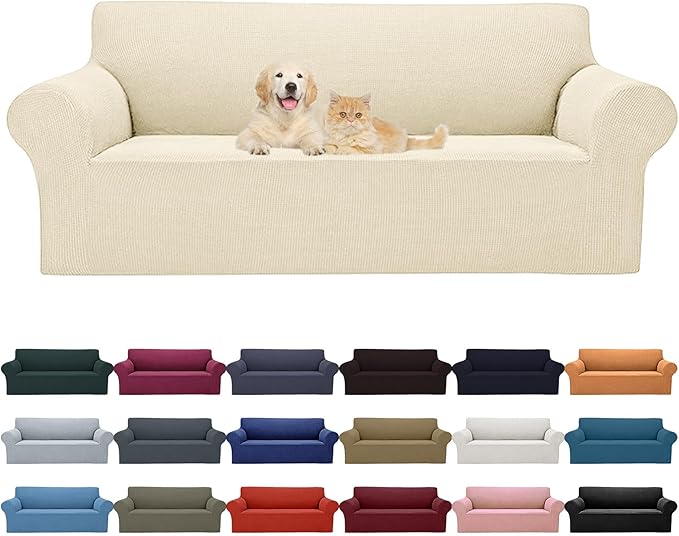 Cupuamon 2026 New Stretch Oversized Sofa Slipcovers Couch Sofa Cover for 4 Seater Furniture Protector Covers with Elastic Bottom Jacquard Fabric Small Checks for Pets, Kids - Beige