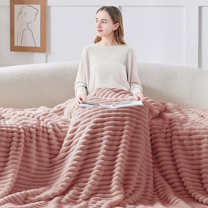BEDELITE Fleece Throw Blanket for Couch - 300GSM Soft & Warm Fluffy Dusty Pink Blanket, Decorative and Giftable Striped Blankets for Women, Men, 50"x70"