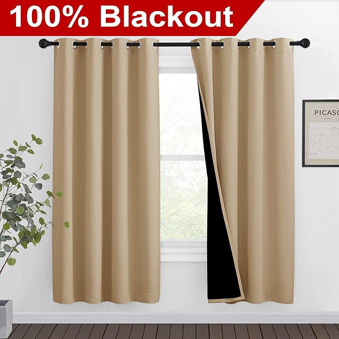 NICETOWN Living Room Completely Shaded Draperies, Privacy Protection & Noise Reducing Black Lined Insulated Window Treatment Curtain Panels for Patio Door (Set of 2 Pcs, W46 x L72, Biscotti Beige)