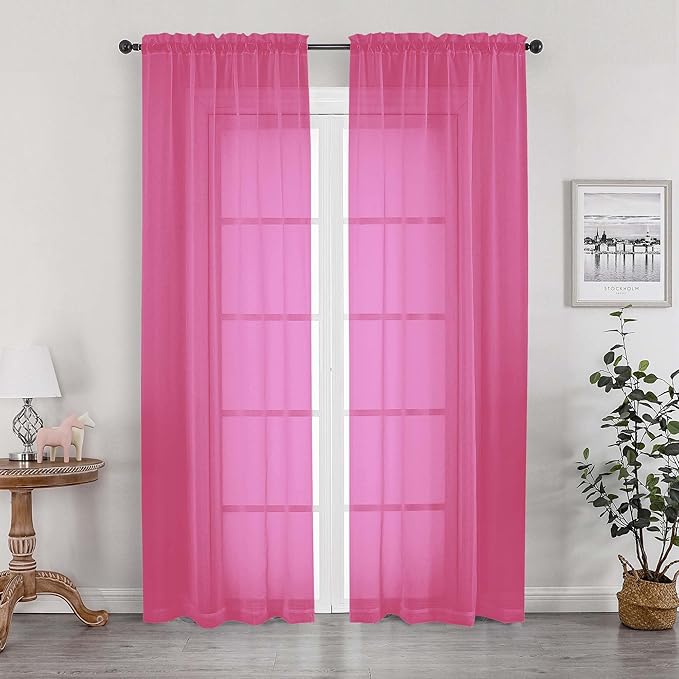 OWENIE Hot Pink Sheer Curtains for Bedroom Living Room 72 Inches Long 2 Panels Set, Modern Light Filtering Sheer Curtain Rod Pocket Clear Drapes for Window Sliding Door, Hot Pink, Each 42 x 72 Inch