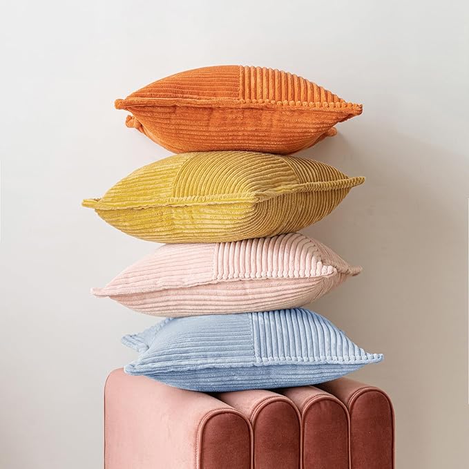 MIULEE Decorative Throw Pillow Covers for Couch Bed Livingroom 20x20 Inch Set of 2 Light Blue Boho Accent Throw Pllows Broadside Striped Patchwork Soft Corduroy Pillowcases