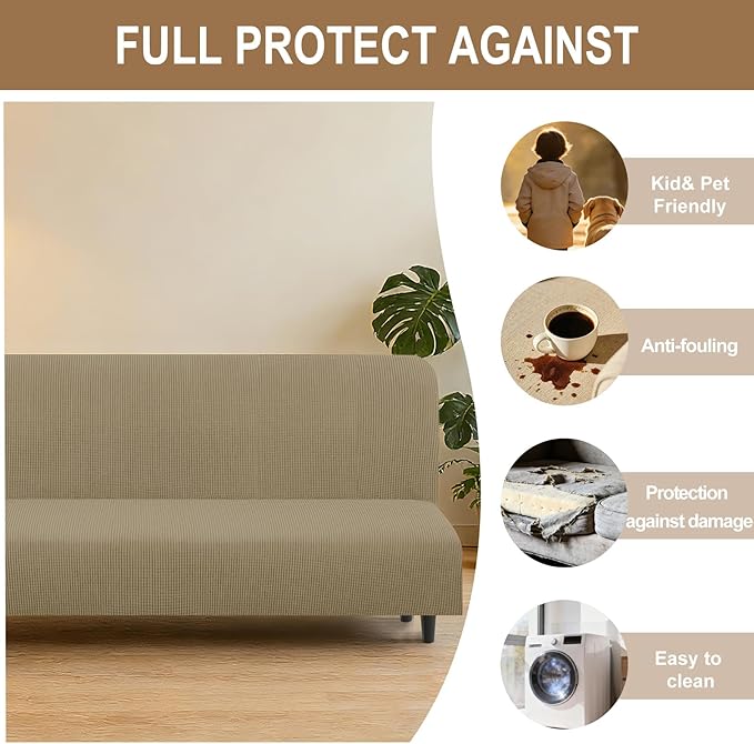 U-NICE HOME Stretch Futon Cover Armless Bed Slipcover - Soft Jacquard Fabric Washable for Pet Friendly, Sand