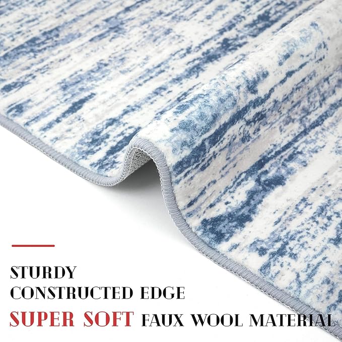 Lansny Modern Abstract Entryway Rug Indoor 2x3 Washable Rug Non-Slip Soft Small Area Rug Blue White Kitchen Mats Thin Print Faux Wool Floor Carpet Throw Rugs for Entrance Bedroom Office Home Decor