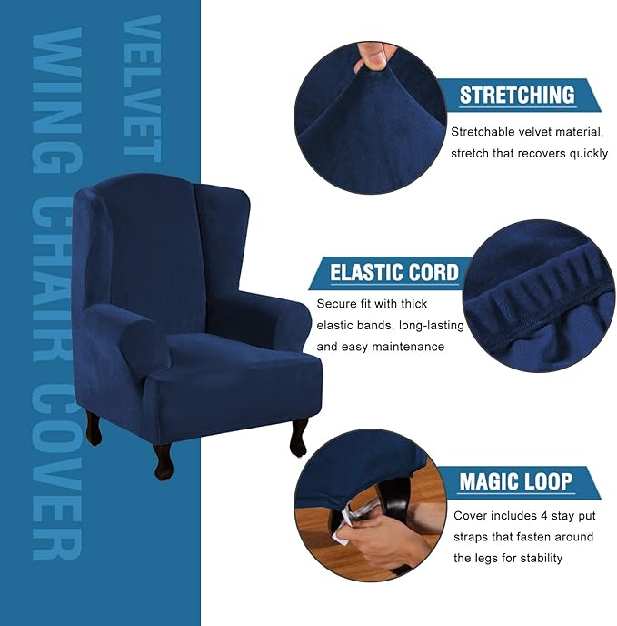 H.VERSAILTEX Wingback Chair Covers Velvet Plush Wing Chair Slipcover 1 Piece High Stretch Wing Back Chair Slipcovers Sofa Cover Furniture Cover with Elastic Bottom, Navy