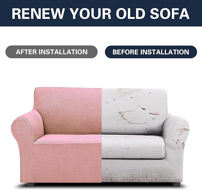 Cupuamon 2026 New Stretch Loveseat Sofa Slipcovers Couch Cover for 2 Cushion Furniture Protector Sofa Covers with Elastic Bottom Jacquard Fabric Small Checks for Pets, Kids - Dusty Pink