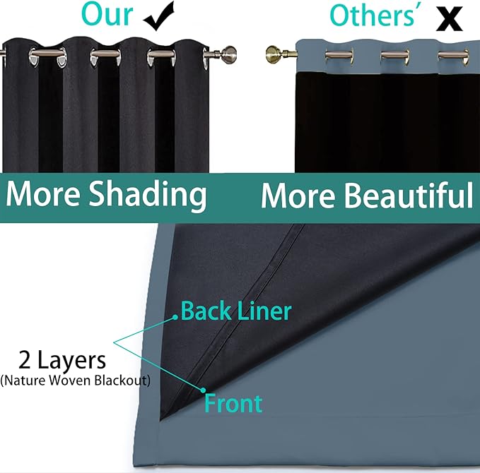 Yakamok 100% Blackout Lined Panels, Room Darkening Thermal Insulated Blackout Curtains for Bedroom, Heat Blocking Drapes for Living Room(52Wx45L, Stone Blue, 2 Panels)