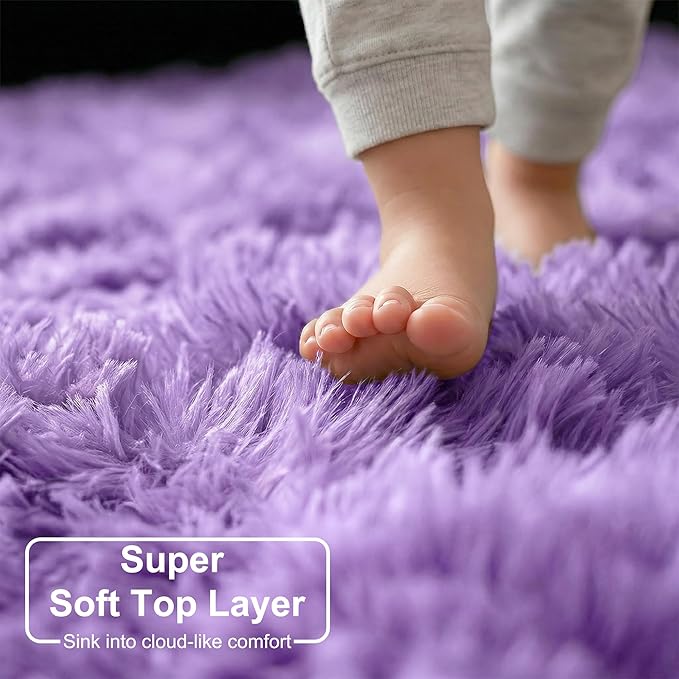 Amdrebio Purple Round Circle Rugs 6Ft for Girls Bedroom Decor Aesthetic, Large Fluffy Fuzzy Area Rugs for Kids Room, Soft Cute Furry Plush Shaggy Lavender Carpet for Living Room, Baby Nursery, Dorm