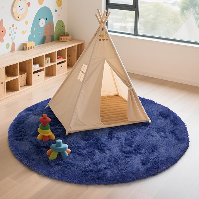 yulidayang Blue Fluffy Round Area Rugs for Bedroom,4'X4'Shag Circle Area Rugs for Living Room,Non Slip Fuzzy Plush Rug for Kids Room Boys Girls Room and Dorm Home Decor Rug