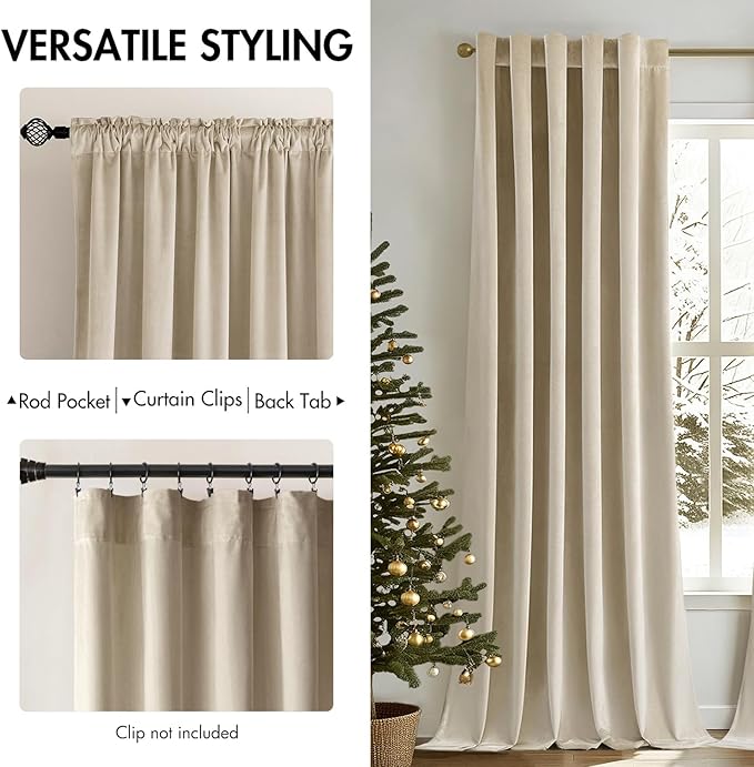MIULEE Velvet Curtains 90 inches - Luxury Blackout Curtains for Bedroom Living Room Thermal Insulated Super Soft Window Drapes Rod Pocket & Back Tab, Beige, W52 x L90 inches, 2 Panels
