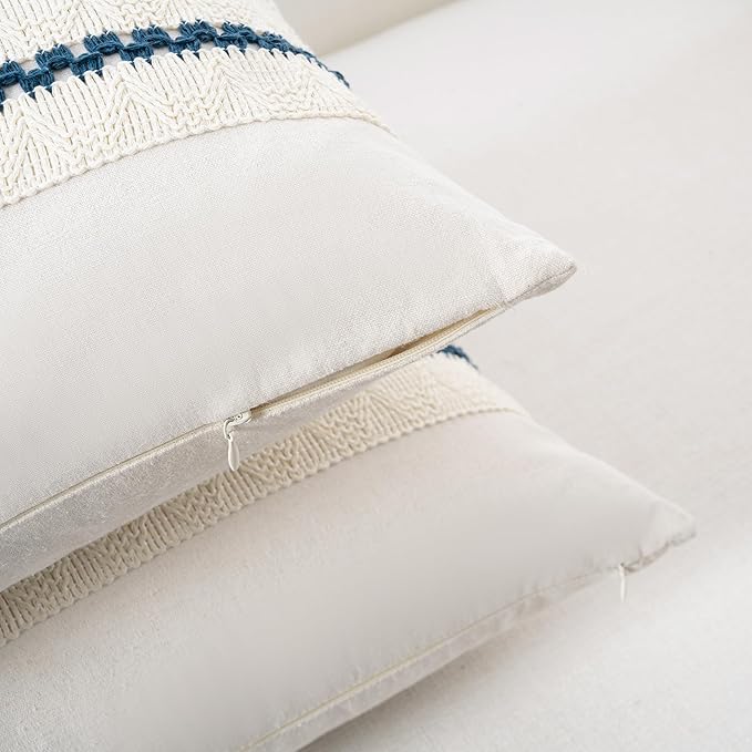 Fancy Homi Set of 1 Boho Teal Decorative Throw Pillow Cover 18x18 Inch for Couch Bed Sofa, Aesthetic Modern Organic Farmhouse Home Decor, Soft Cotton Cute Accent Macrame Woven Cushion Case