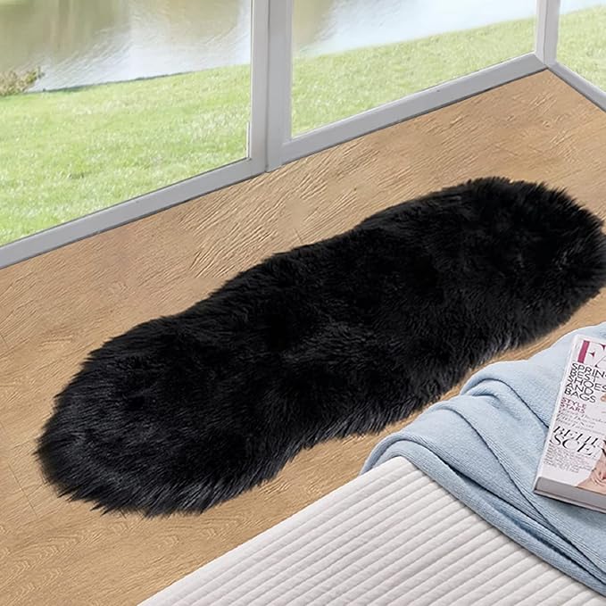 ORINOVA Black Fluffy Faux Sheepskin Washable Fur Area Rugs for Bedroom Living Room Small Shag 2x4 Furry Nursery Rug