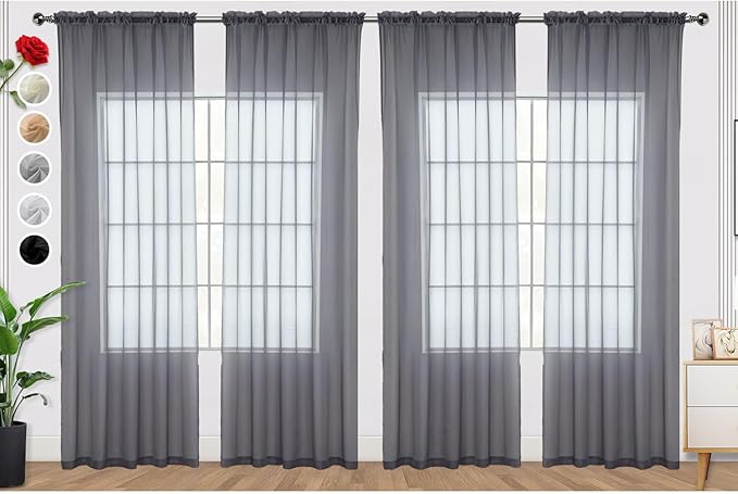 SpaceDresser Grey Sheer Curtains 4 Panels Rod Pocket Semi-Sheer Curtain 90 Inches Long Light Filtering Voile Window Drapes for Bedroom Living Room Kitchen, Each 52W x 90L