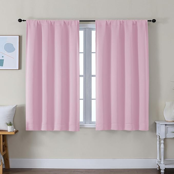 Simplebrand Ava Pink Short Blackout Curtains for Bedroom 45 Inches Long 2 Panels Set, Solid Thermal Insulated, Energy Saving Window Treatment Curtains Blackout Drapes, W40 x L45 Inch, Pink