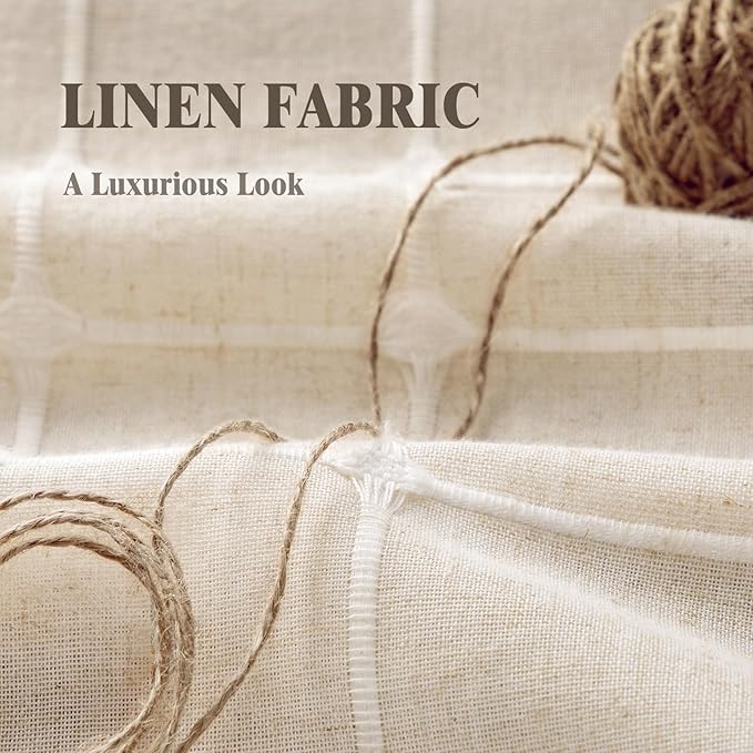 Boho Blackout White Plaid Curtains 84 Inch Beige Linen Blend Drapes with Tassels 2 Panels, Cotton Embroidered Farmhouse Curtains for Living Room Bedroom Rustic Vintage Decor