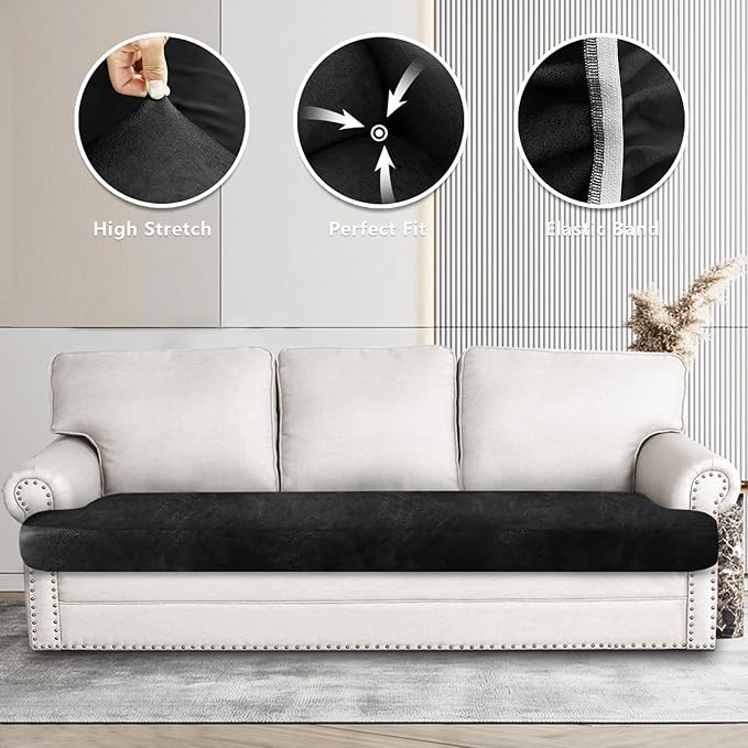 Leather Look Couch Cushion Covers Sofa Seat Slipcovers Sets Couches Furniture Protector for Sectional Armchair Loveseat Pets Kids Stretch Spandex Fabric (1 T-Cushion Sofa, Dark Grey)