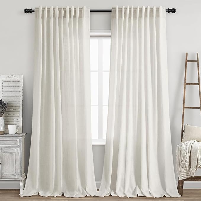 Linen Curtains 96 inches Long for Bedroom Back Tab Light Filtering Privacy Sheer Cream Curtains Modern Farmhouse Coastal Decor Cream Cotton Textured Gauze Curtain 2 Panel Set 70x96
