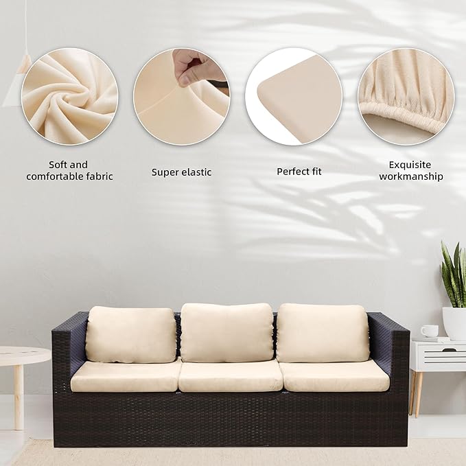 8Pcs Stretch Velvet Patio Cushion Cover,Fluffy,for Fall Outdoor Couch Cushion Cover Replacement,Washable Indoor Outdoor Cushion Slipcovers(Beige,Cover Only)