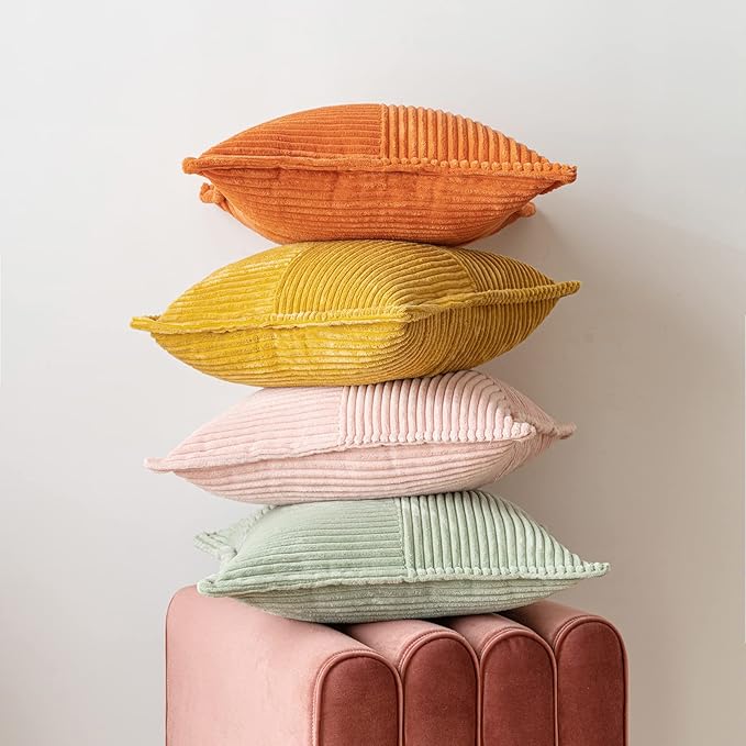 MIULEE Decorative Throw Pillow Covers for Couch Bed Livingroom 16x16 Inch Set of 2 Fall Mustard Yellow Boho Accent Throw Pllows Broadside Striped Patchwork Soft Corduroy Pillowcases