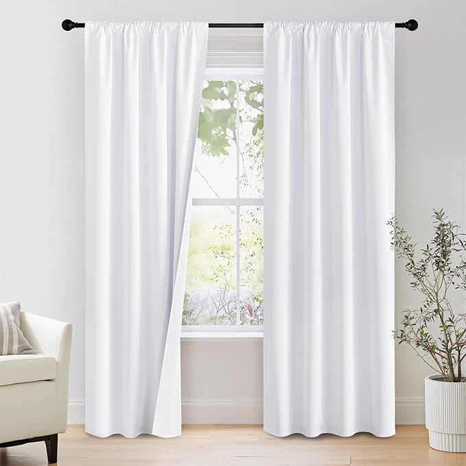 NICETOWN Bedroom 100% Blackout Curtains, 2 Panels, 34 by 84, Snow White, Window Treatment Rod Pocket Curtains/Drapes for Bedroom