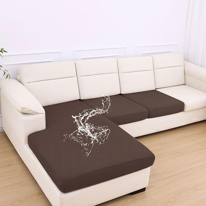 hyha Waterproof Couch Cushion Covers for Pets, Non Slip Sofa Seat Cover for Dogs Washable, Soft Thick Stretch Jacquard Fabric, Sofa Slipcovers with Elastic Bottom (1 Chaise+2 Seater, Brown)