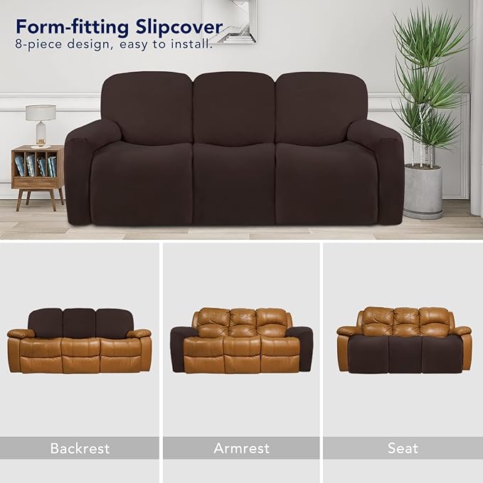 PureFit Super Stretch 3 Seats Recliner Chair Sofa Couch Cover with Pocket – Non Slip Soft Sofa Slipcover, Washable Spandex Reclining Furniture Protector for Kids, Pets (Recliner Sofa, Chocolate)