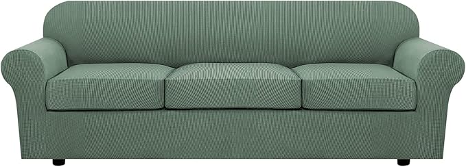 H.VERSAILTEX 4 Piece Stretch Sofa Covers for 3 Cushion Couch Covers for Living Room Furniture Slipcovers (Base Cover Plus 3 Seat Cushion Covers) Upgraded Thicker Jacquard Fabric (XL Sofa, Loden Frost)