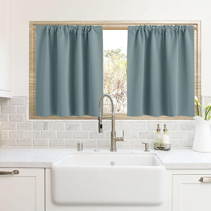 RYB HOME Cafe Blackout Curtains 24 inch Length, RV Curtains for Camper Windows, Mini Short Small Insulating Light UV Blocking Privacy Half Window Tiers, Width 42 by Length 24, Dusty Blue, 2 Panels