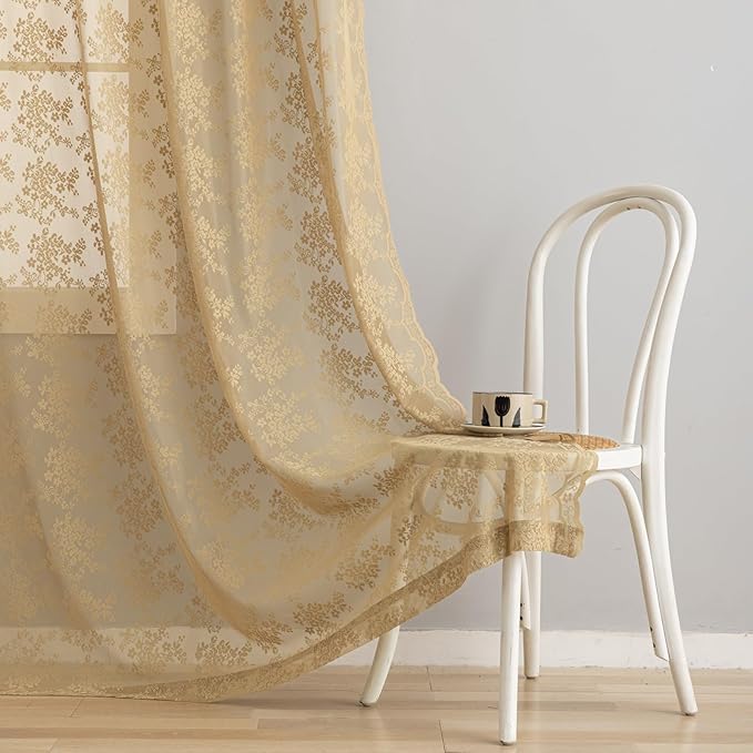 YJ YANJUN Vintage Lace Curtains 96 Inches Long-Victorian Floral Pattern Tan Sheer Curtain Panels for Living Room Bedroom,Light Filtering, Rustic Farmhouse Neutral Decor 2 Panels 52W x 96L Taupe