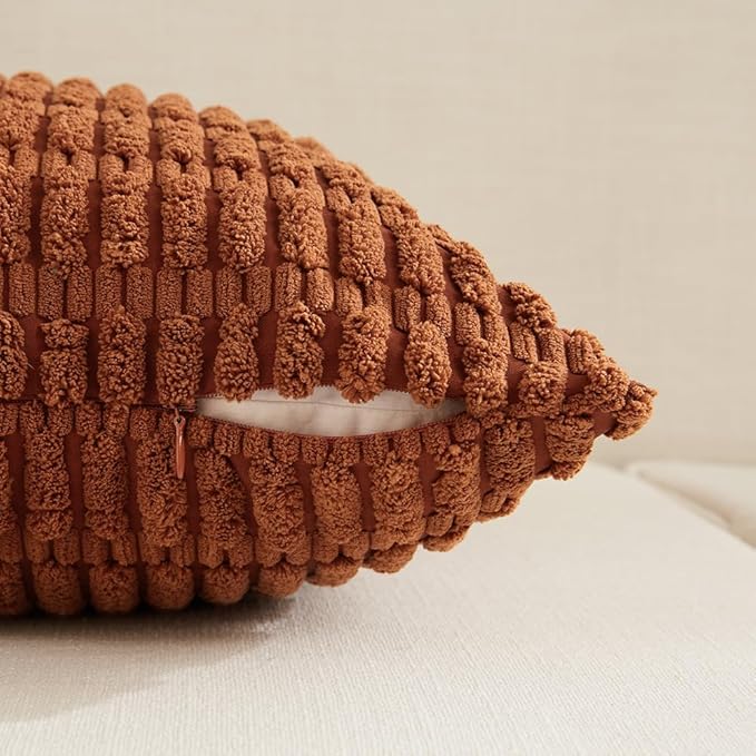 Fancy Homi 4 Packs Rust Long Lumbar Decorative Throw Pillow Covers 14x24 Inch for Living Room Couch Bed, Boho Home Decor, Soft Striped Corduroy Rectangle Accent Terracotta Cushion Case 35x60 cm