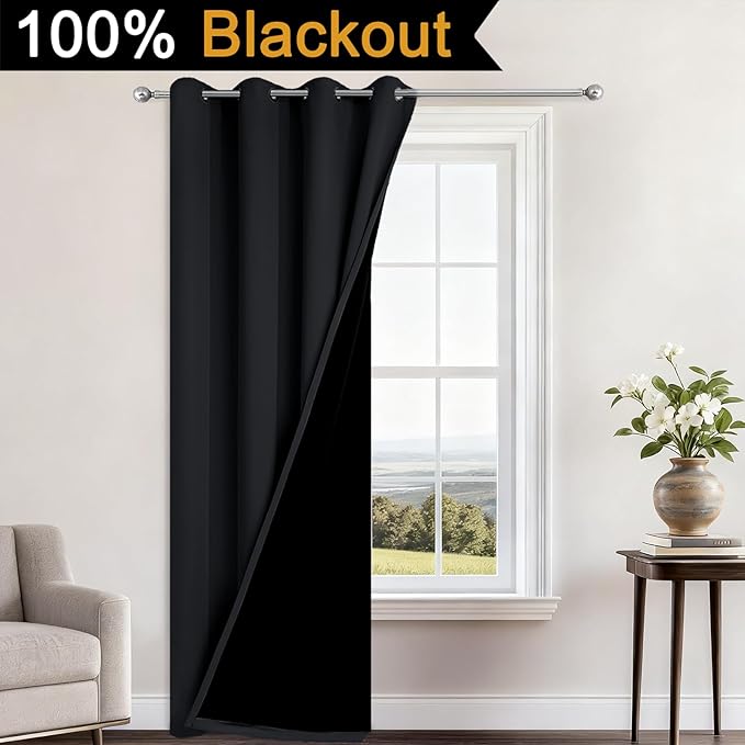 Yakamok 100% Blackout Curtains 96 Inches Long, 2 Thick Layers Heat and Full Light Blocking Soft Thermal Insulated Drapes for Bedroom(52" Wide Each Panel, Black, 1 Panel)