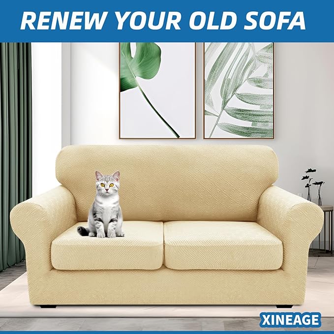 XINEAGE 2026 New 3 Pieces Couch Covers for 2 Cushion Sofa Super Stretch Loveseat Slipcover Pet Dog Universal Slip Cover Anti Slip Love Seat Furniture Protector (Beige, 55"-69")