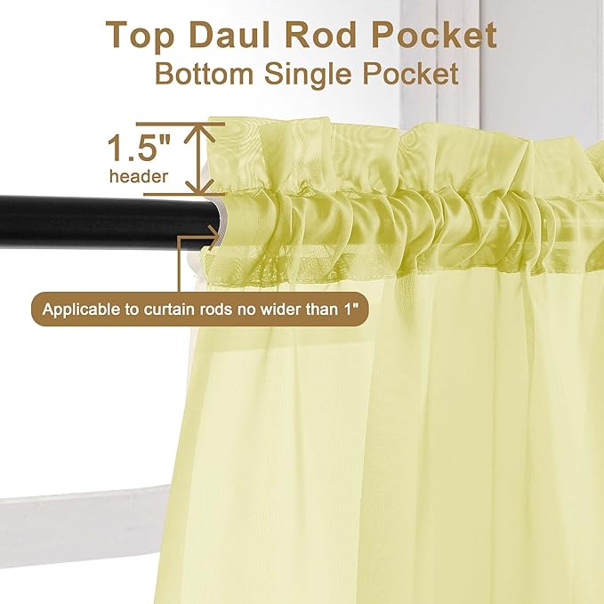 Chyhomenyc Sheer Curtains 54 Inch Long 2 Panels Set, Light Filtering Short Soft Airy Short Cafe Curtains, Modern Rod Pocket for Dinning Living Room Bedroom, Each 42Wx54L in, 2PCS, Lemon