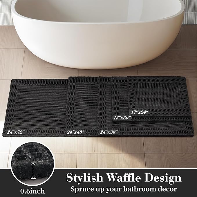 RESARE Waffle Bathroom Runner Rugs, Super Absorbent Bath Mat Non Slip Washable Quick Dry, Upgraded Ultra Soft Boho Bath Rugs with Tassels for Hallway Bedroom Laundry Room, 20"x32" Black