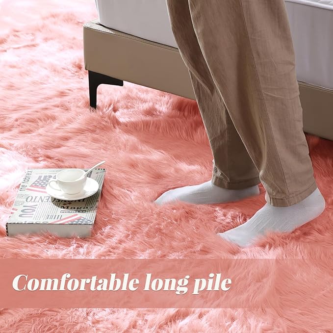 ORINOVA Plush Living Room Rugs 6x9 Rugs for Kids Room Pink Washable Faux Sheepskin Fuzzy Fur Rug for Bedroom Large Fluffy Nursery Rug